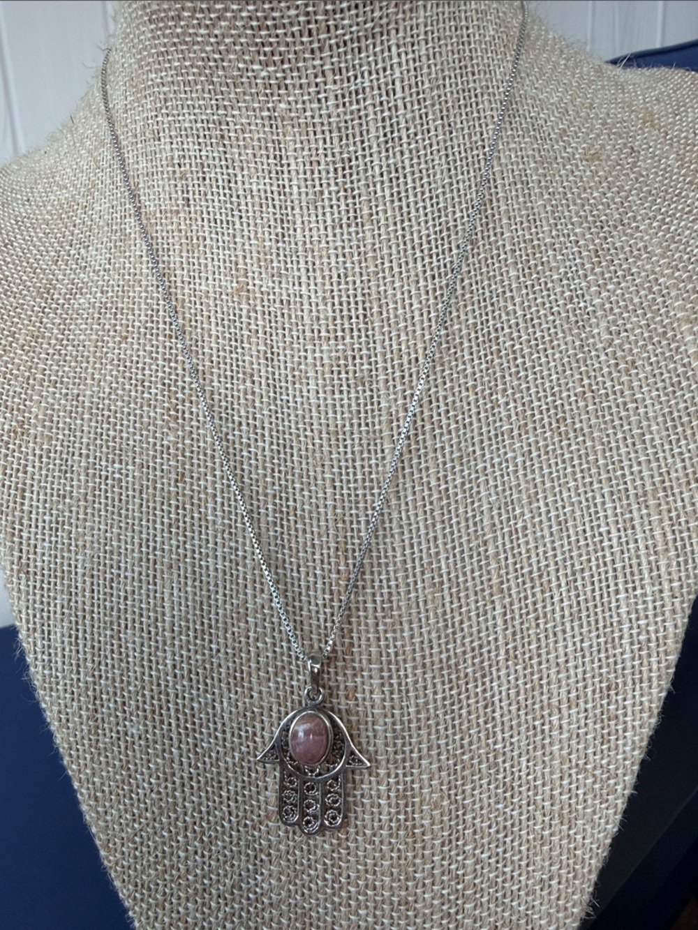 Silver Hamsa Pendant Necklace with Pink Stone